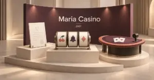 Maria Casinon historiaa, lisenssiä ja pelivalikoimaa havainnollistava pienoisnäyttely, jossa on vuosiluku 2007, lisenssiasiakirja, kolikkopelin rullat ja live-kasinon pelipöytä.