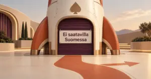 Rakettia muistuttavan kasinon suljetulla ovella lukee ”Ei saatavilla Suomessa”, ja poispäin osoittava nuoli kuvaa Rocket Casinon vanhan verkko-osoitteen uudelleenohjausta.