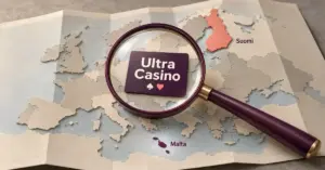 Suurennuslasi korostaa Ultra Casinon nimeä Euroopan kartalla, johon on merkitty Malta ja Suomi.
